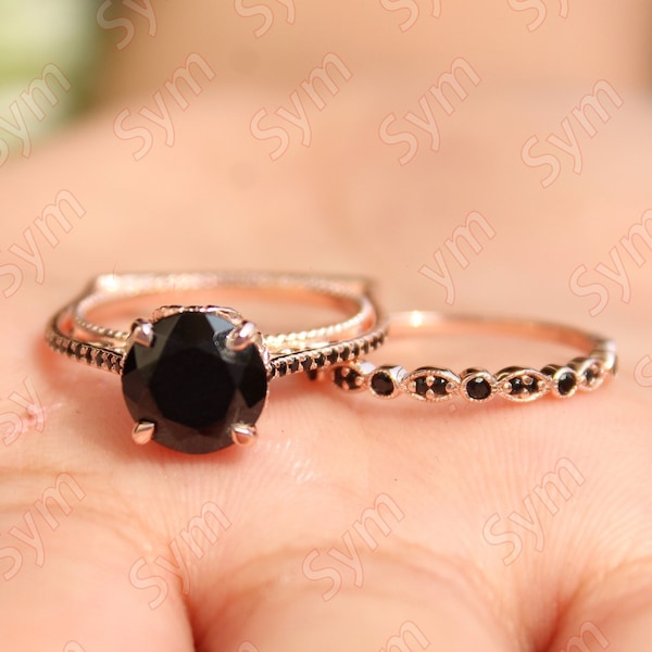 2.60 Cts. Round Shape Natural Black Onyx Engagement Ring Set, Vintage Art deco Black Spinal Bridal Ring set for Woman, Gift for Love, Woman