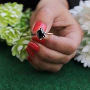 2.15 ct Natural black onyx Engagement Ring, Black Onyx Solitaire Ring, Black Spinal Micro Set Rose Vermeil Ring, Onyx Halo Art deco Ring