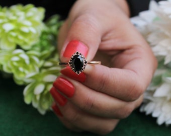 2.15 ct Natural black onyx Engagement Ring, Black Onyx Solitaire Ring, Black Spinal Micro Set Rose Vermeil Ring, Onyx Halo Art deco Ring