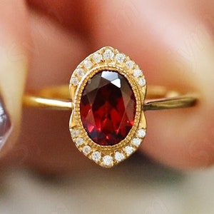 1.60 Cts. Natural AAA Red Garnet Engagement Ring, Moissanite Micro set Rose Gold Vermeil Ring, Vintage Art deco Garnet Wedding Ring for Love