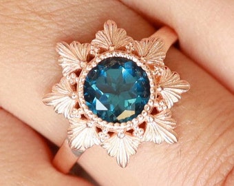 8.00 MM Round London Blue Topaz Bezel Set Ring, Vintage Art deco Blue Topaz Wedding Gold Ring, Unique Floral Blue Topaz Engagement Gold Ring