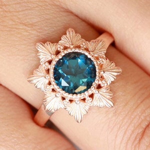 8.00 MM Round London Blue Topaz Bezel Set Ring, Vintage Art deco Blue Topaz Wedding Gold Ring, Unique Floral Blue Topaz Engagement Gold Ring