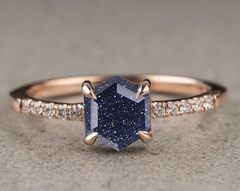 1.60 Ctw Natural Blue Sandstone Silver Engagement Ring, Hexagon Sandstone Moissanite Wedding Ring, 14K solid Gold Bridal Ring Gift For Her