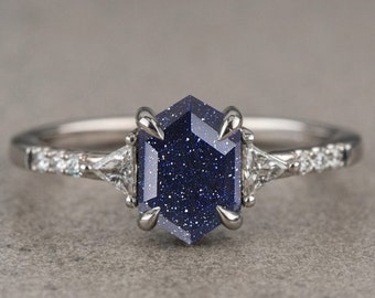 2.45 Ctw Natural Blue Sandstone Silver Engagement Ring, Hexagon Sandstone Moissanite Wedding Ring, 14K solid Gold Bridal Ring Gift For Her