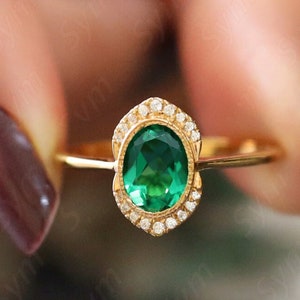 Oval Form AAA Smaragd in 14k Roségold Smaragd Verlobungsring Vintage Art Deco Floral Moissanit Ring für Frauen Geschenk Jahrestag Ring