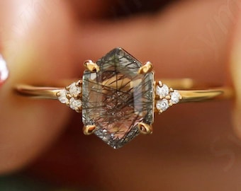 2.35 Ctw Natural Black Rutile Silver Engagement Ring, Hexagon Rutilated Quartz Moissanite Wedding Ring, 14K  solid Gold Bridal Dainty Ring