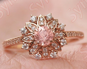 Peach Morganite Floral Flower Engagement Ring for Love, Vintage art deco Floral Morganite Wedding Ring, Moissanite Halo Ring for Woman Gift