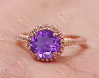 Natural Amethyst Engagement Ring, Vintage Art Deco Moissanite Halo Bridal Ring