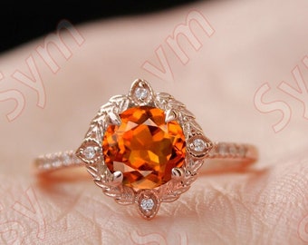 Anillo de compromiso Art Déco con citrino natural de talla redonda, piedra natal de noviembre, oro rosa vermeil de 14 kt, piedra preciosa amarilla, anillo con forma de hoja de citrino.