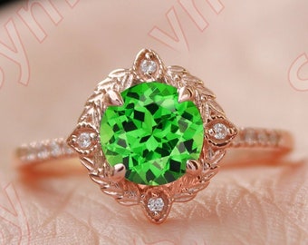 Art Deco Tsavorite Garnet Engagement Ring Lab Created Garnet Wedding Ring for Women Engagement Ring Nature Inspired Green Garnet Bridal Ring