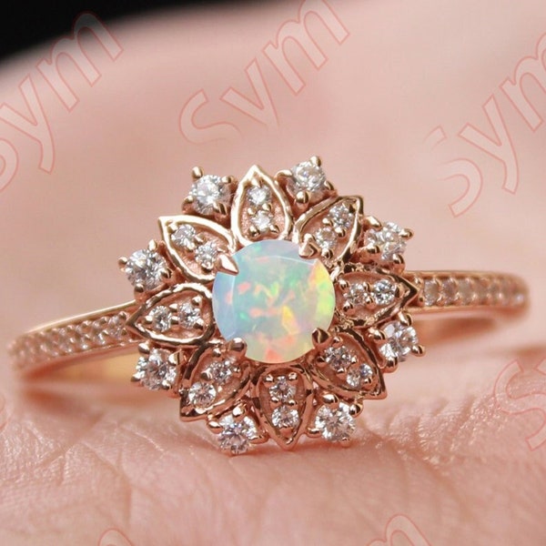 AAA Natural Ethiopian Opal Engagement Ring, Moissanite Halo Set in 14KT Rose Gold Vermeil Ring, Vintage Art deco Floral Flower Opal Ring her