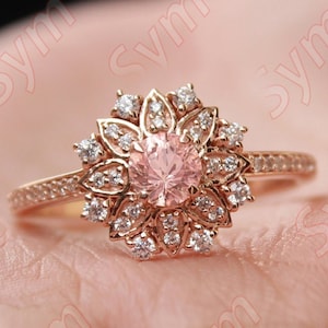 Peach Morganite Floral Flower Engagement Ring for Love, Vintage art deco Floral Morganite Wedding Ring, Moissanite Halo Ring for Woman Gift