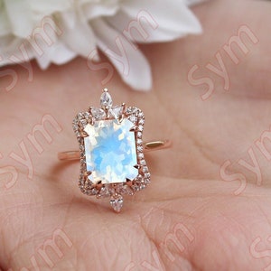 2.80 ct Rainbow Moonstone engagement ring 14k rose gold plated Ring Moonstone vintage art deco Halo ring for women gift Anniversary Ring
