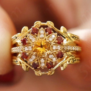 Natural Citrine Vintage art deco Engagement Ring set for woman, Unique Cocktail Garnet and citrine Ring set for love, gift for anniversary