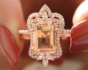 Emerald Cut Peach Morganite Engagement Ring set for Woman, Unique Morganite Halo Art deco Wedding Ring set for Love, Gift for Anniversary