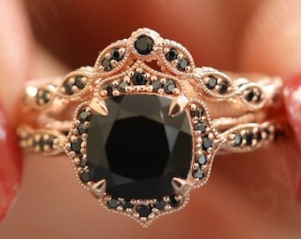 3.30 ct natural black onyx & pave set black spinal in 14k rose gold plated engagement ring set, vintage art deco ring set for women gift