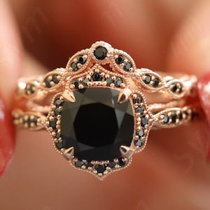 3.30 ct natural black onyx & pave set black spinal in 14k rose gold plated engagement ring set, vintage art deco ring set for women gift