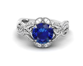 2.23ct Lab Created AAA Blue Sapphire gemstone in Rhodium plated engagement ring leaf & vintage art deco ring for women gift Anniversary Ring