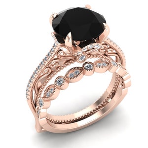 2.60 Cts. Round Shape Natural Black Onyx Engagement Ring Set, Vintage Art deco Black Spinal Bridal Ring set for Woman, Gift for Love, Woman