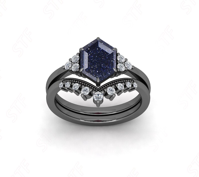 2.45 Ctw Natural Blue Sandstone Silver Engagement Ring Set Hexagon Sandstone Moissanite Wedding Ring Set 14K Gold Bridal Ring Two Ring Set image 3
