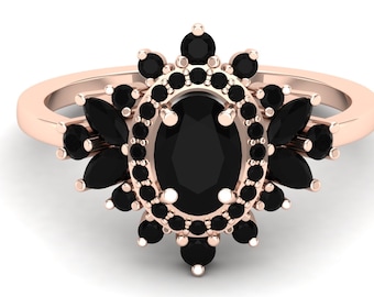 Natural Black Onyx Oval Halo Ring, Rose Gold Plated Sterling Silver Art Deco Band