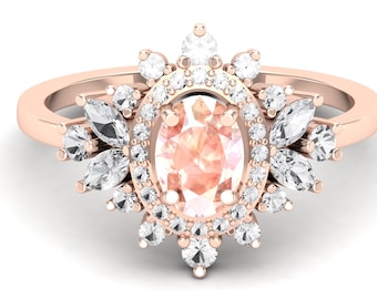 Oval Peach Morganite Engagement Ring, 14k Rose Gold Plated Sterling Silver, Art Deco Style