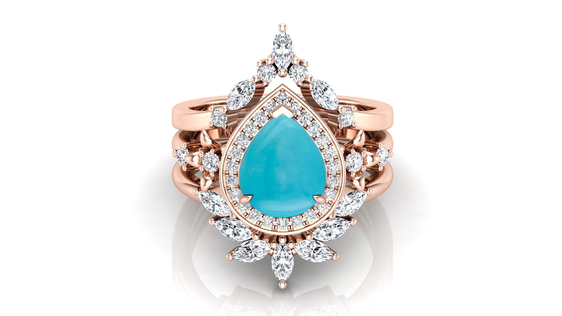 Sleeping Beauty Turquoise Pear Shape Engagement Ring set, Natural Turquoise Wedding Ring set, Vintage Art deco Moissanite Rose Gold Plated