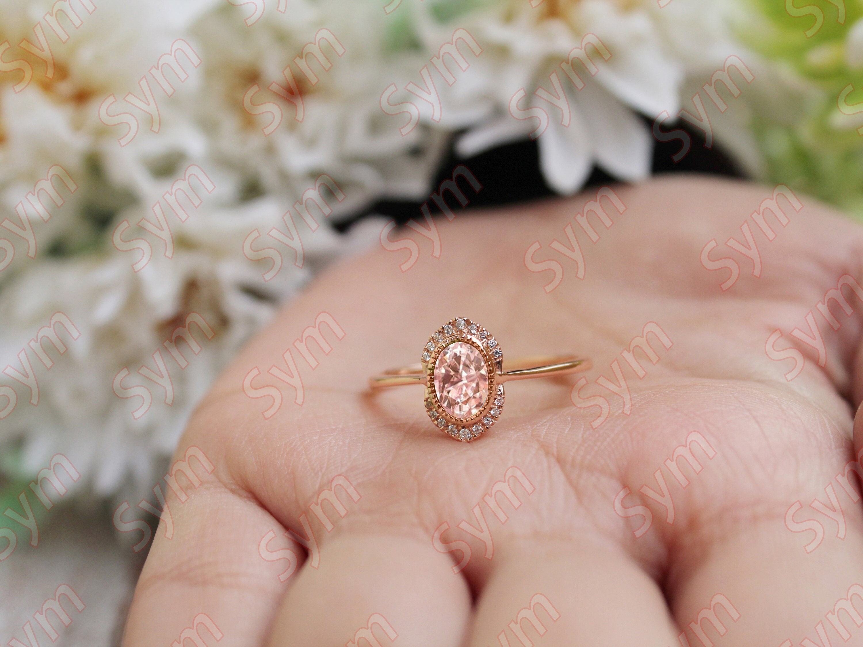 1.65 ct AAA Peach Morganite Wedding Ring in 14k rose gold plated Morganite engagement ring & vintage art deco ring for women Moissanite Ring