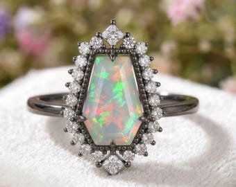 Coffin Cut Opal Engagement Ring Black Gold Gothic Wedding Band For Women Vintage Moissanite Halo Ring Unique Lab Opal Ring Art Deco Jewelry