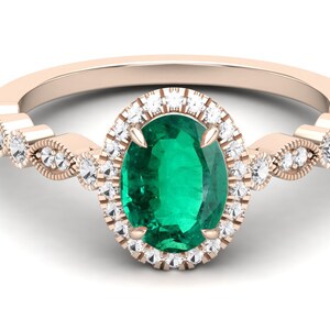 2.20 ct Lab Emerald engagement ring, pave set Moissanite in 14k rose gold plated vintage art deco Floral Halo ring for woman Anniversary