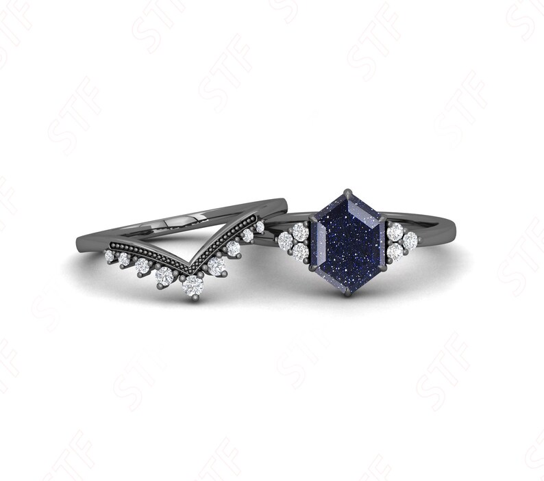 2.45 Ctw Natural Blue Sandstone Silver Engagement Ring Set Hexagon Sandstone Moissanite Wedding Ring Set 14K Gold Bridal Ring Two Ring Set image 9