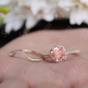 1.65 Cts. Peach Morganite Wedding Ring set, 14KT Rose Gold Vermeil Bridal Ring set, Peach Stone Ring set, Morganite Halo Engagement Ring set
