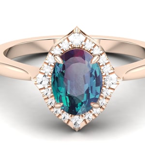 2.20 ct Lab Alexandrite Ring Engagement Ring, Oval Shape Alexandrite ring vintage art deco Micro set Halo ring anniversary Ring for woman