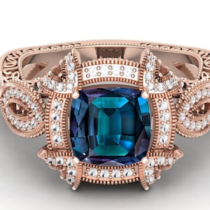 2.22 ct Vintage Alexandrite Engagement Ring, Cushion Shape Alexandrite Bridal ring vintage art deco Floral ring anniversary Ring For Gift