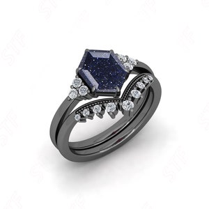 2.45 Ctw Natural Blue Sandstone Silver Engagement Ring Set Hexagon Sandstone Moissanite Wedding Ring Set 14K Gold Bridal Ring Two Ring Set image 2