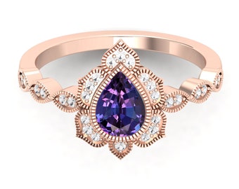 1.15ct lab created AAA Alexandrite,pave set moissanite in 14k rose gold plated engagement ring vintage art deco Unique Floral ring for women