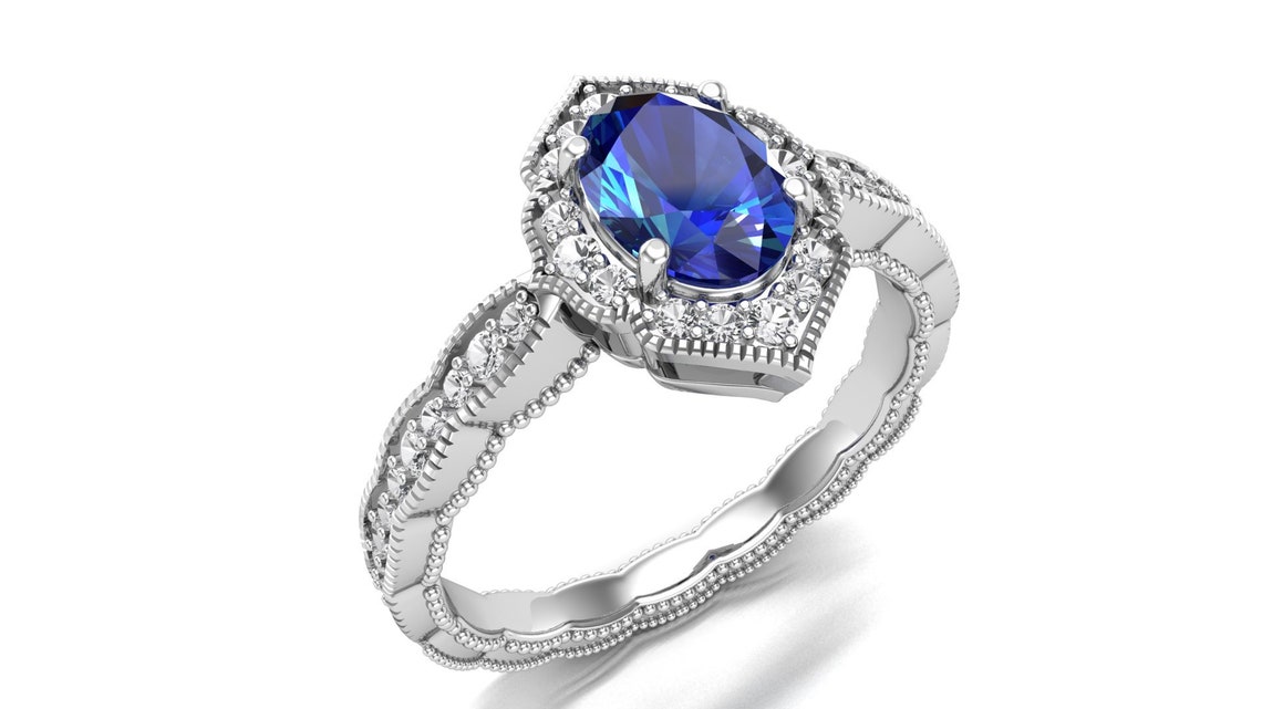 Solid Rings Blue Blue Sapphire Wedding Ring Women Solid White Gold Ring Floral | Etsy