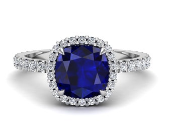 1.80 Cts. Cushion Shape Blue Sapphire Halo Engagement Ring, Vintage Art deco Halo Wedding Ring for Love, Gift for Anniversary, Gift for Her