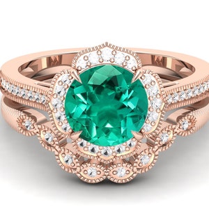 1.53 ct AAA Emerald Bridal Ring set,Moissanite Ring set in 14k rose gold engagement ring set vintage art deco Unique Ring set for women Gift