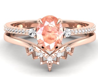 Verlobungsring-Set mit ovalem Pfirsich-Morganit, 14 Karat rosévergoldeter Art-Deco-Ring