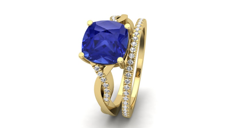 Micro Set Moissanite Wedding Ring set for Gift 2.10 Cts Cushion Shape Blue Sapphire Bridal Ring set Blue Sapphire Engagement Ring set