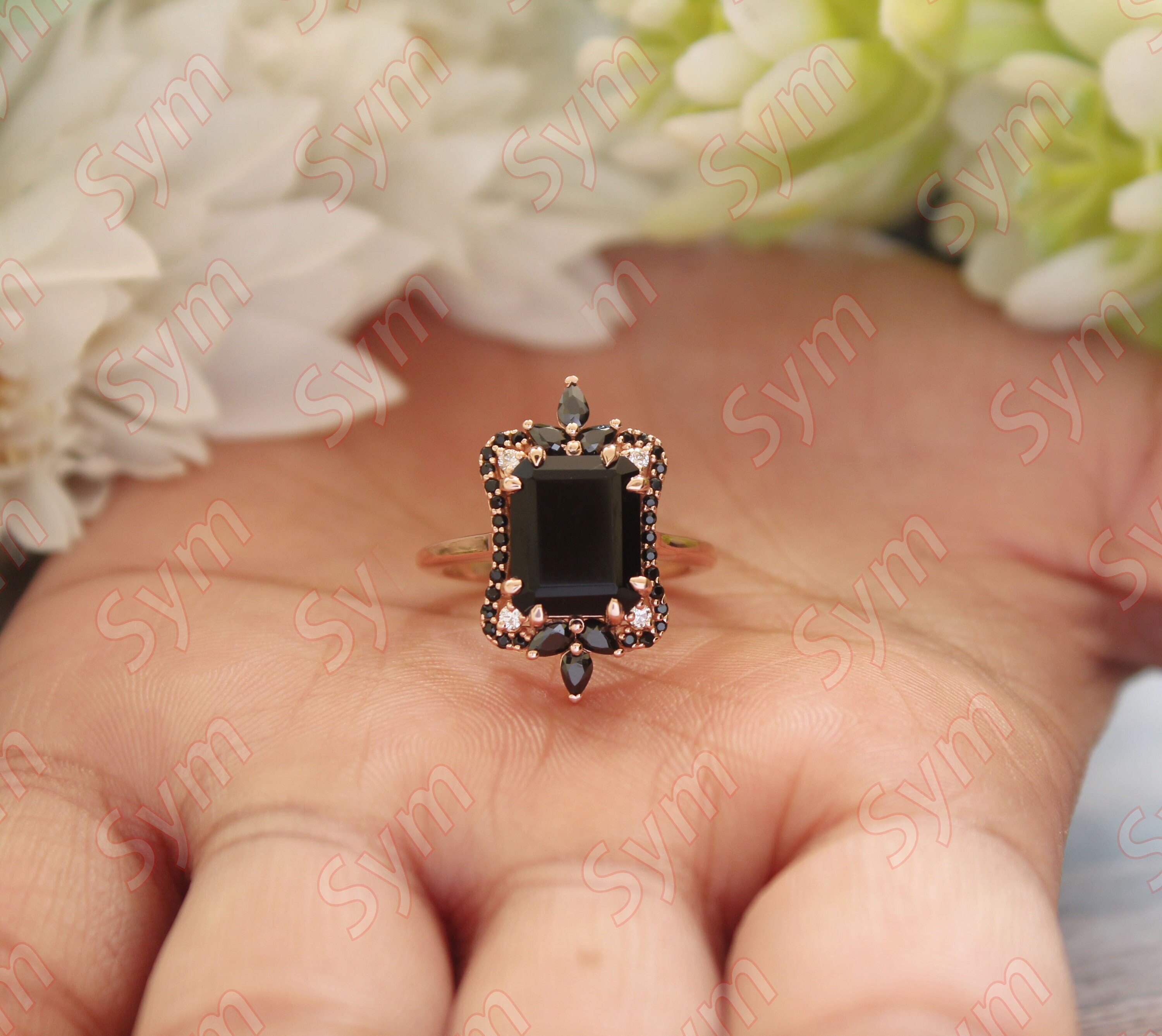 4.50 ct natural black onyx Engagement Ring Black Spinal Halo Rose Gold Plated Ring Unique art deco Ring for Anniversary Gift Bridal Ring