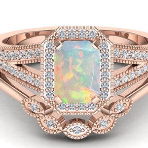 AAA Natural Opal Halo Gold Ring set,moissanite Solid rose gold Ring set Opal engagement ring set vintage Ring set Floral Band Gold ring set