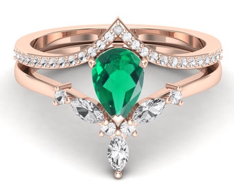 Smaragdgroene verlovingsring Massief roségouden unieke verlovingsring Set vintage peervormige marquise Moissanite bruiloft Bruidsverjaardagscadeau