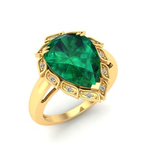 5.90Cts. Pear Shape Emerald Engagement Ring, Vintage Art deco Emerald Wedding Ring for Love,Moissanite Yellow Gold Ring, Gift for Mother Day