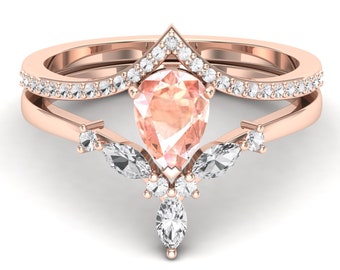 Verlobungsring-Set aus 14-karätigem Roségold mit birnenförmigem Morganit und Moissanit-Akzenten