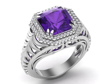 5.40 ct Vintage African Amethyst & Micro pave set moissanite in Rhodium plated engagement ring vintage art deco ring for Amethyst men gift