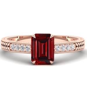 1.30 Cts. Emerald Cut Red Garnet Engagement Ring, Vintage Art deco Red Colour Octagon Garnet Wedding Ring for Her, Gift for Anniversary, Her