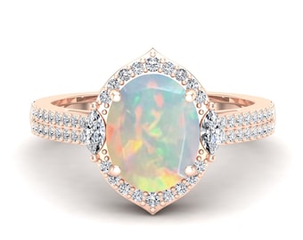 2.25 Cts. Natural Ethiopian Opal Engagement Ring for woman, Vintage art deco Moissanite Halo Wedding Ring for Love, Natural Opal Silver Ring