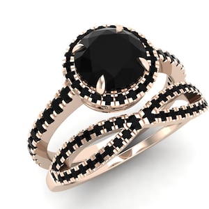 2.10 Cts Round Shape Black Onyx Engagement Ring Set, Micro Set Black Spinal Rose Gold Plated Ring set, Onyx Wedding Ring set, gift for Wife